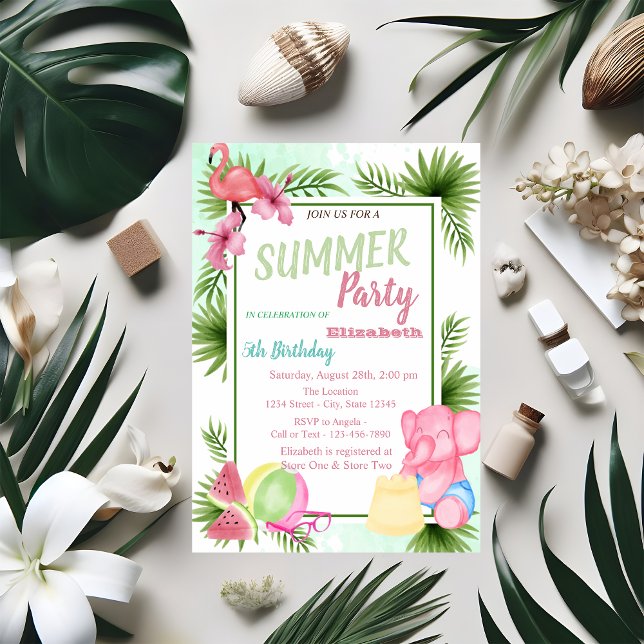 Invitation Feuille de palmier, Fleurs,Flamant rose,Anniversai (Créateur téléchargé)