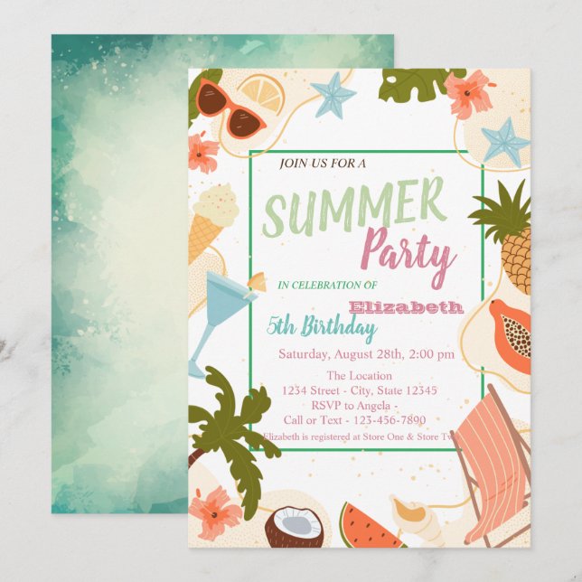 Invitation Feuille de palmier, Fleurs, Fruits Anniversaire d' (Devant / Derrière)