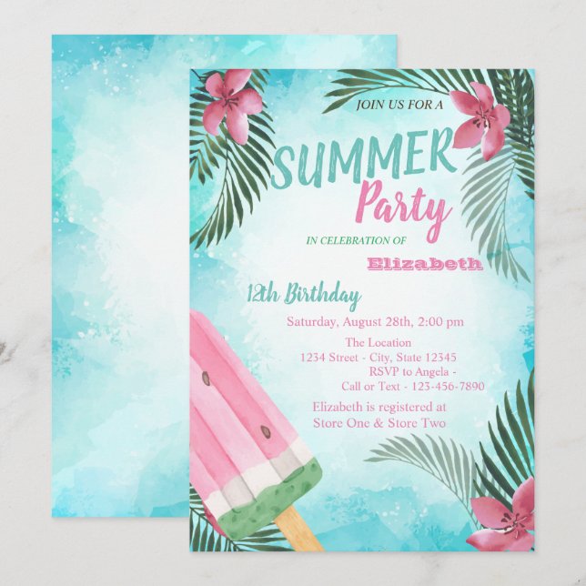 Invitation Feuille de palmier, Fleurs, Glace Anniversaire  (Devant / Derrière)