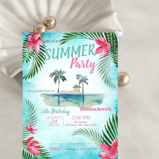 Invitation Feuille de palmier,Fleurs tropicales,Fête d'annive (Créateur téléchargé)