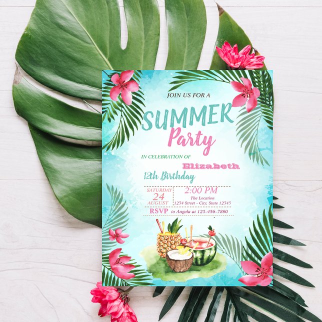 Invitation Feuille de palmier,Fleurs tropicales,Fruits Fête d (Créateur téléchargé)