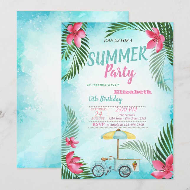 Invitation Feuille de palmier,Fleurs,Vélo de glace Anniversai (Devant / Derrière)