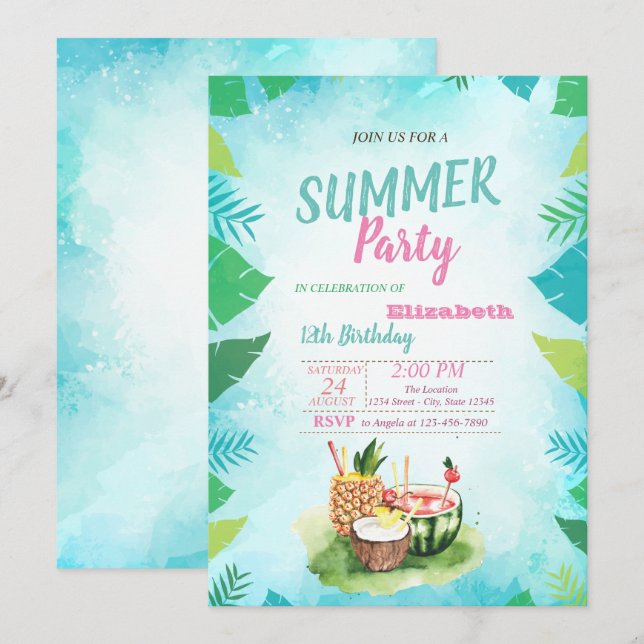 Invitation Feuille de Palmier, Fruits Tropicaux, Fête d'anniv (Devant / Derrière)