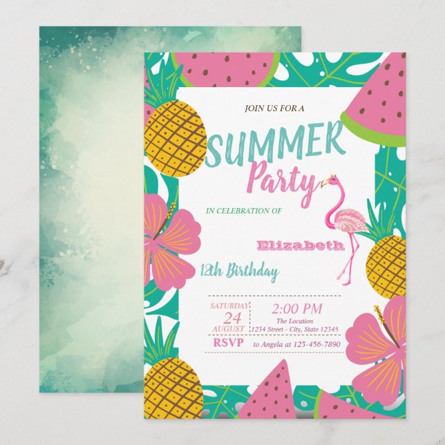 Invitation Feuille de palmier, Fruits Tropicaux Flamant Rose  (Devant / Derrière)