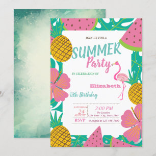 Invitation Feuille de palmier, Fruits Tropicaux Flamant Rose 