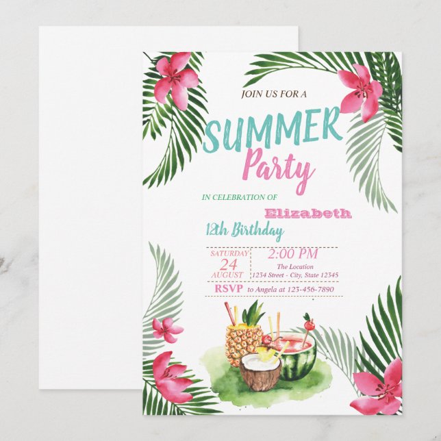 Invitation Feuille de palmier, Fruits tropicaux, Fleurs  Fête (Devant / Derrière)