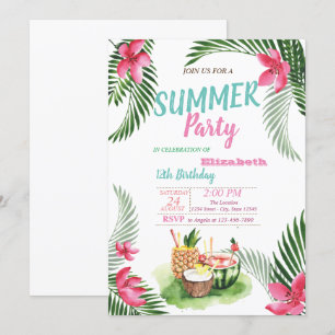 Invitation Feuille de palmier, Fruits tropicaux, Fleurs Fête