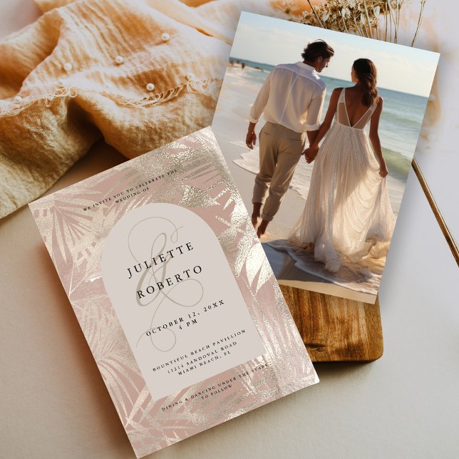Invitation Feuille de Palmier Tropicale Brossée d'Or Mariage  (Créateur téléchargé)