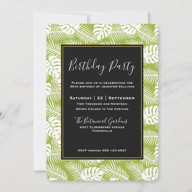 Invitation Feuille de Palmier Verte Motif de Forêt Tropicale  (Devant)