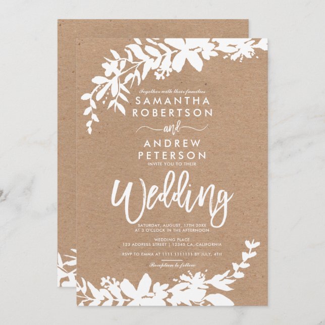 Invitation Feuille de typographie blanche mariage kraft rusti (Devant / Derrière)