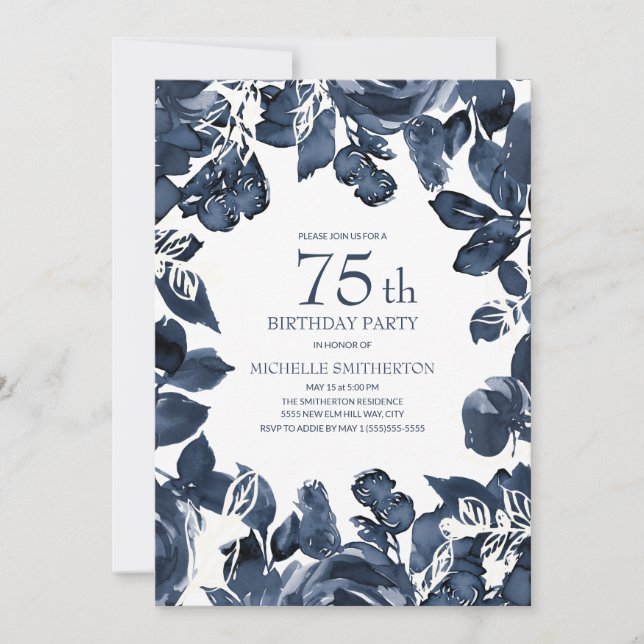 Invitation Feuille d'indigo bleu marine pour 75e anniversaire (Devant)