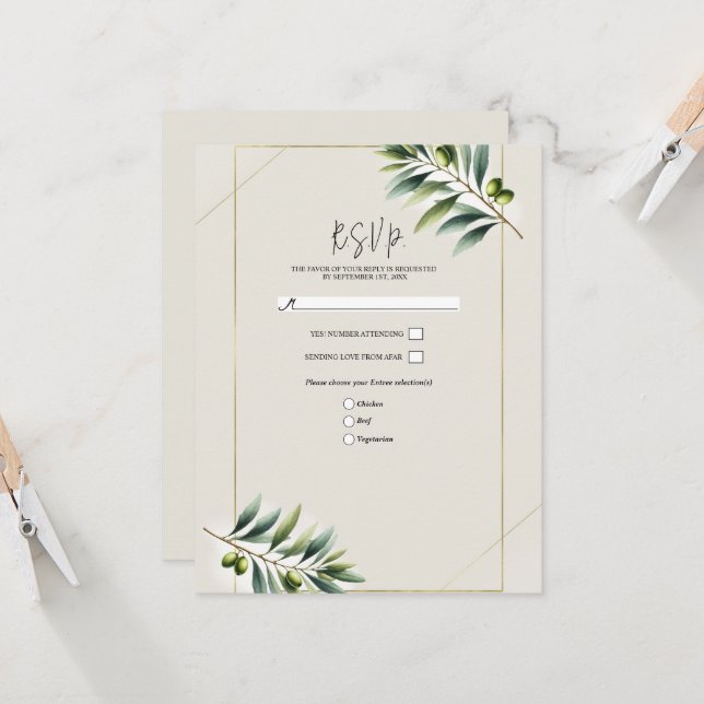 Invitation Feuille d'Olive Verte Os Blanc & Or Rustique RSVP (Devant/Arrière en situation)