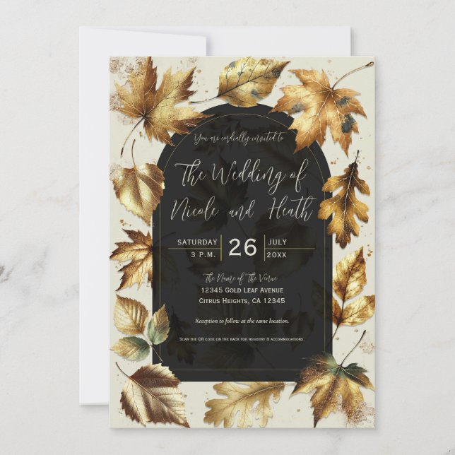 Invitation Feuille d'or Amande crème beige Mariage de automne (Devant)