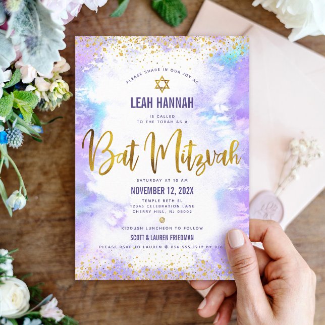 Invitation feuille d'or bat mitzvah et couleur d'eau moderne  (Créateur téléchargé)
