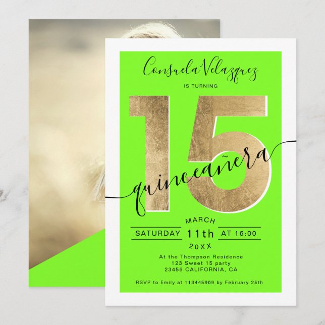 Invitation feuille d'or chic script néon vert quinceanera pho (Devant / Derrière)