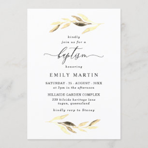Invitation Feuille d'or Elegant Baby Boy ou Girl Baptism