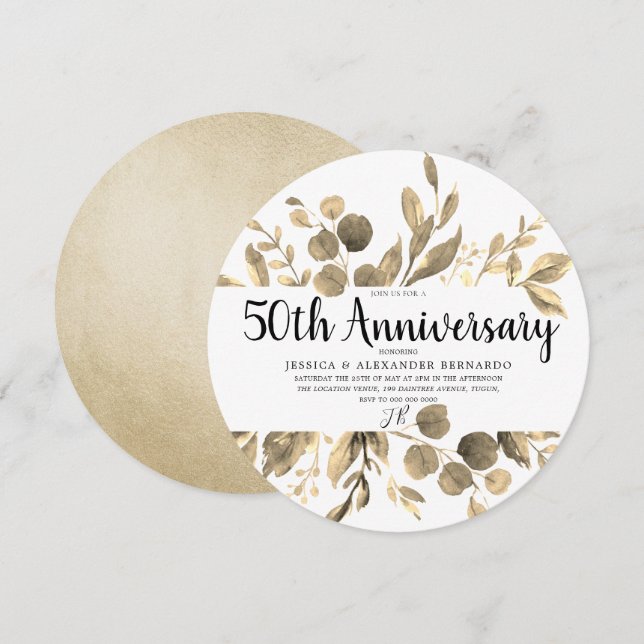 Invitation Feuille d'Or Élégant Moderne 50e Anniversaire de M (Devant / Derrière)