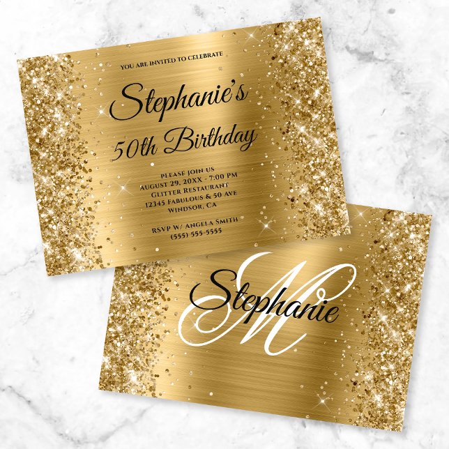 Invitation Feuille d'or et paillettes Fancy Monogramme Annive (Créateur téléchargé)