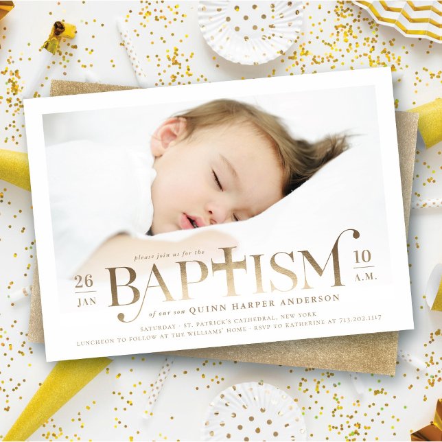 Invitation Feuille d'or Moderne Croix Gras Élégant Baptême Ph (Faux Gold Foil Modern Classic Bold Cross Stylish Baptism Photo Invitation @ fat_fa_tin)