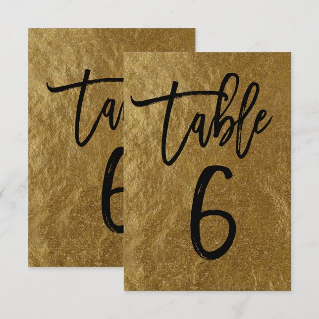 Invitation Feuille d'or Moderne Écriture Table Numéro 6 (Devant / Derrière)