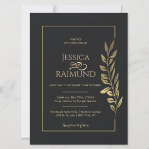 Invitation Feuille d'or moderne Mariage noir