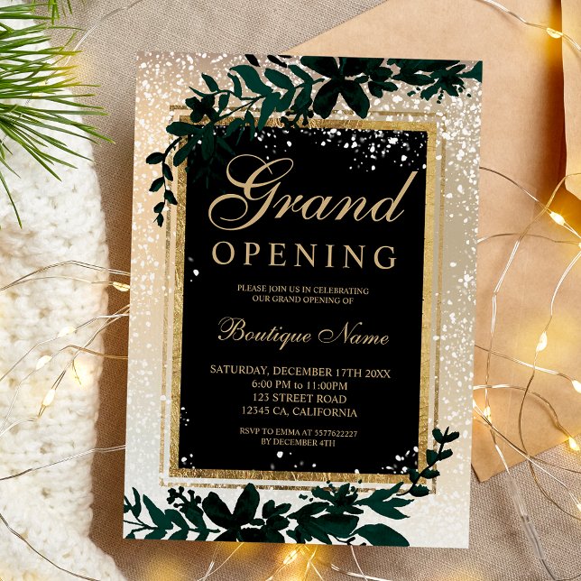 Invitation feuille d'or neige élégante Noël grand ouverture (gold leaf snow elegant Christmas grand opening Invitation)