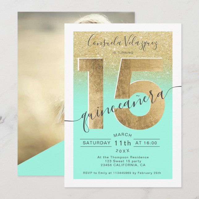 Invitation feuille d'or parties scintillant script menthe qui (Devant / Derrière)