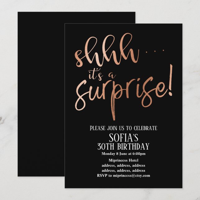 Invitation Feuille d'Or Rose, chut c'est une fête surprise (Devant / Derrière)