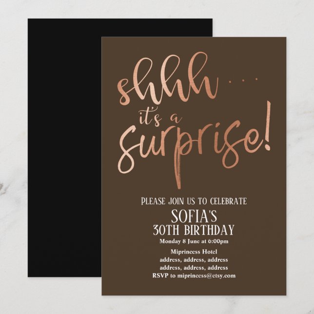 Invitation Feuille d'Or Rose, chut c'est une fête surprise (Devant / Derrière)