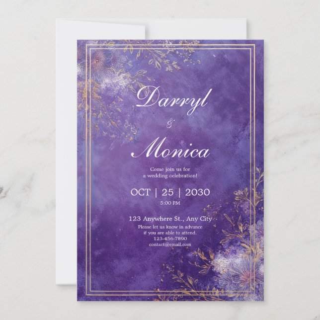 Invitation Feuille d'Or Texte Royal Violet Texturé Élégant Ma (Devant)