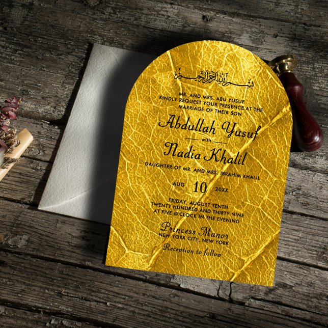 Invitation Feuille d'or texturé Mariage d'arc islamique (Créateur téléchargé)