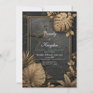 Invitation Feuille d'Or Tropical Noir Marbre Fendillé Mariage