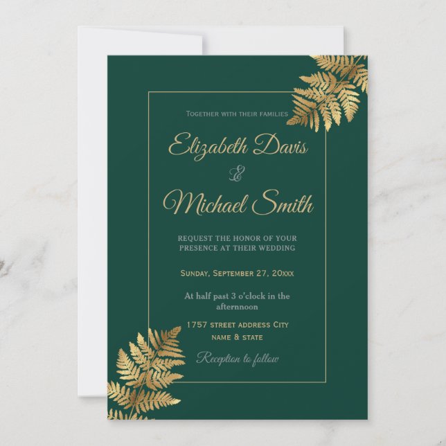 Invitation Feuille d'or tropicale Emerald Green (Devant)