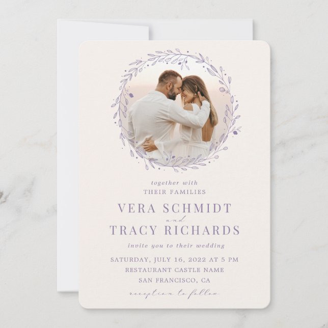 Invitation Feuille d'or violet tout en un Rsvp Mariage photo  (Devant)