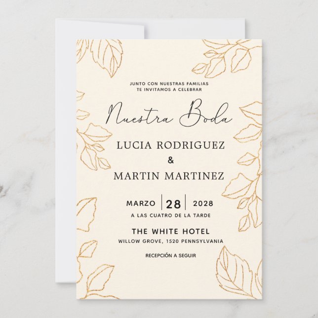 Invitation Feuille dorée élégante Crème espagnole Nuestra Bod (Devant)