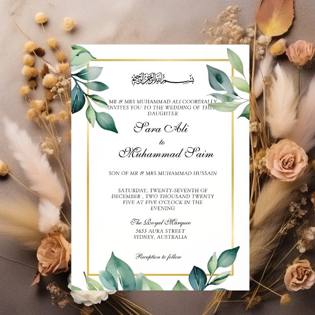 Invitation Feuille Eucalyptus moderne code QR Mariage musulma (Créateur téléchargé)