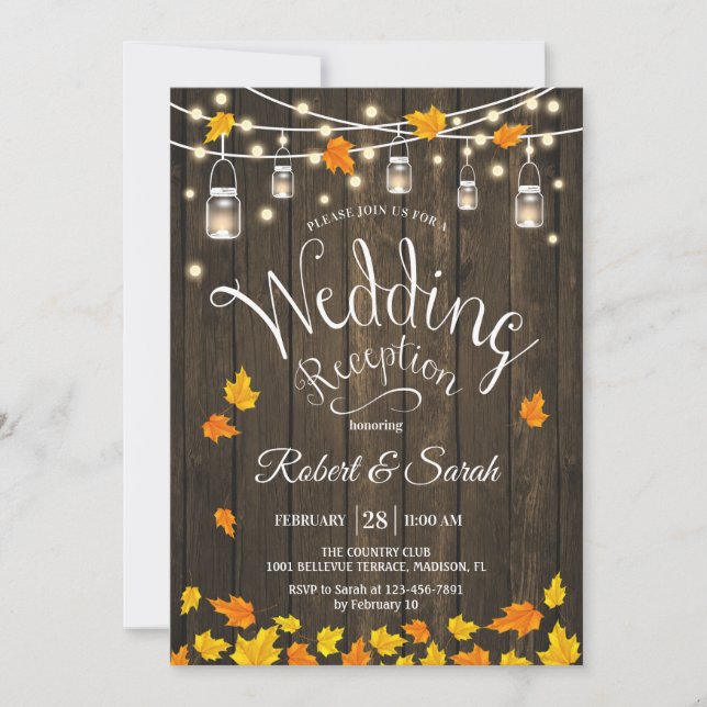 Invitation Feuille Lumières Bois Automne Rustique Mariage Réc (Devant)