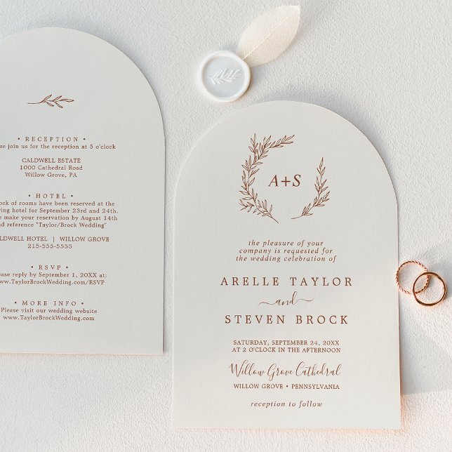 Invitation Feuille minimale | Arche Boho Cream Tout en un Mar (Minimal Leaf | Boho Cream Arch All In One Wedding Invitation)