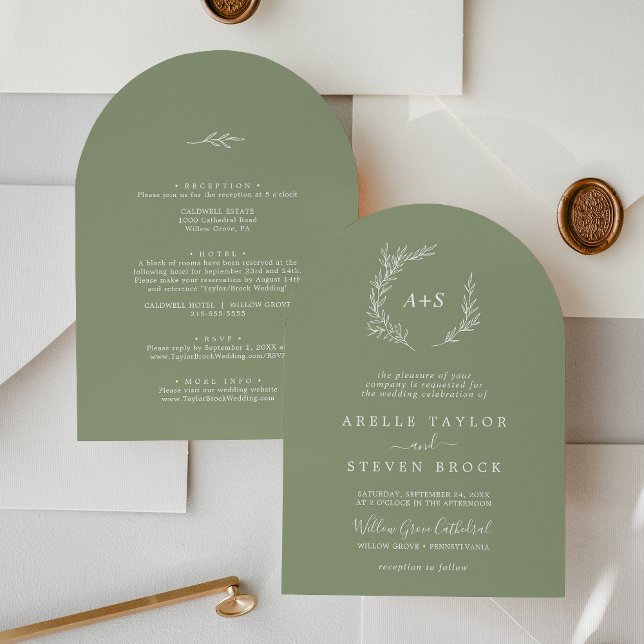 Invitation Feuille minimale | Arche De Sage Léger Tout En Un  (Minimal Leaf | Light Sage Arch All In One Wedding Invitation)