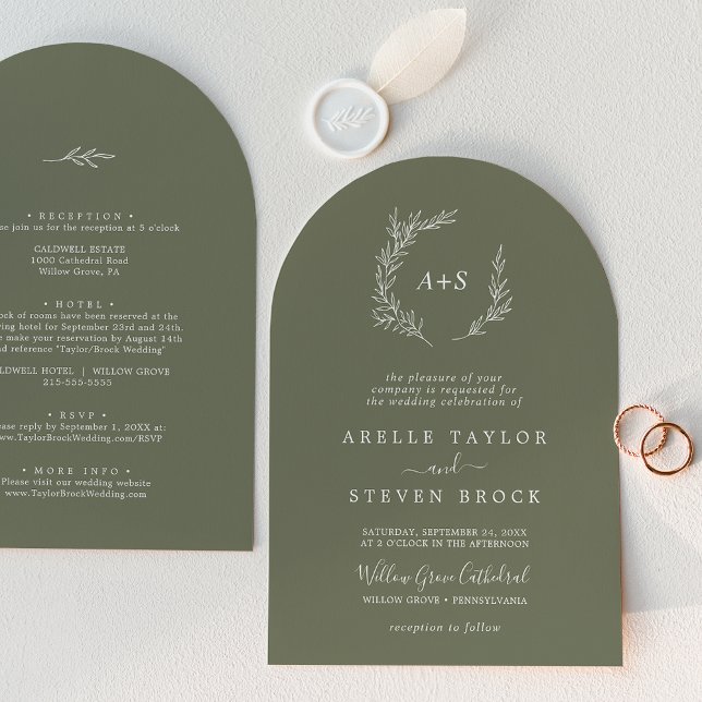 Invitation Feuille minimale | Arche Vert foncé tout en un Mar (Minimal Leaf | Dark Green Arch All In One Wedding Invitation)