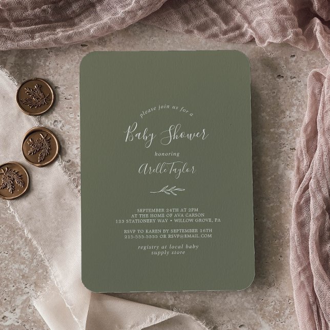 Invitation Feuille minimale | Baby shower vert foncé (Créateur téléchargé)
