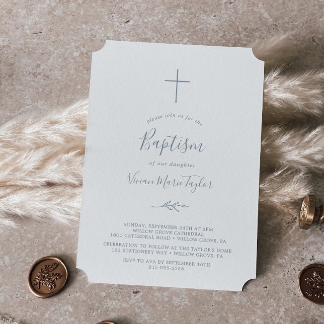 Invitation Feuille minimale | Baptême bleu Dusty (Créateur téléchargé)