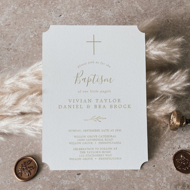 Invitation Feuille minimale | Baptême Gold 2 ou 3 personnes (Minimal Leaf | Gold 2 or 3 Person Baptism Invitation)