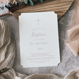 Invitation Feuille minimale   Baptême rose