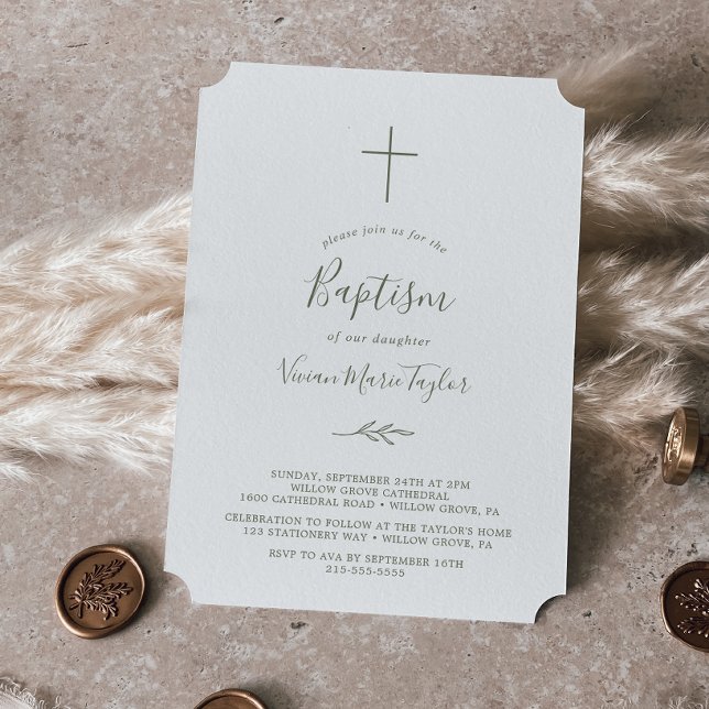 Invitation Feuille minimale | Baptême vert olive (Créateur téléchargé)