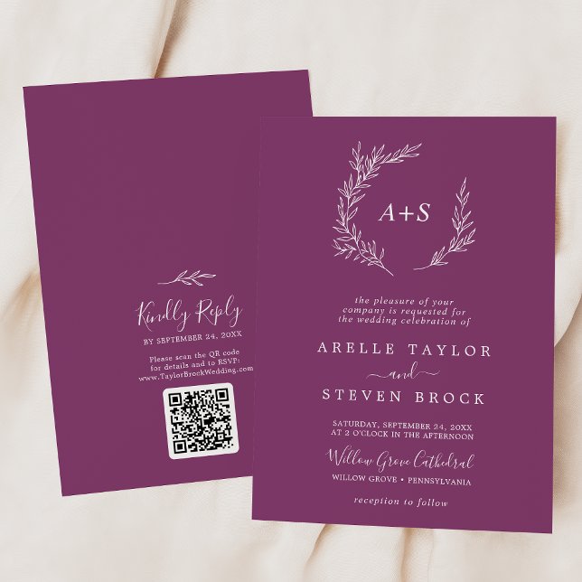 Invitation Feuille minimale | Berry Monogramme Mariage de cod (Créateur téléchargé)