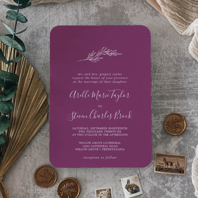 Invitation Feuille minimale | Berry Purple Mariage traditionn (Créateur téléchargé)