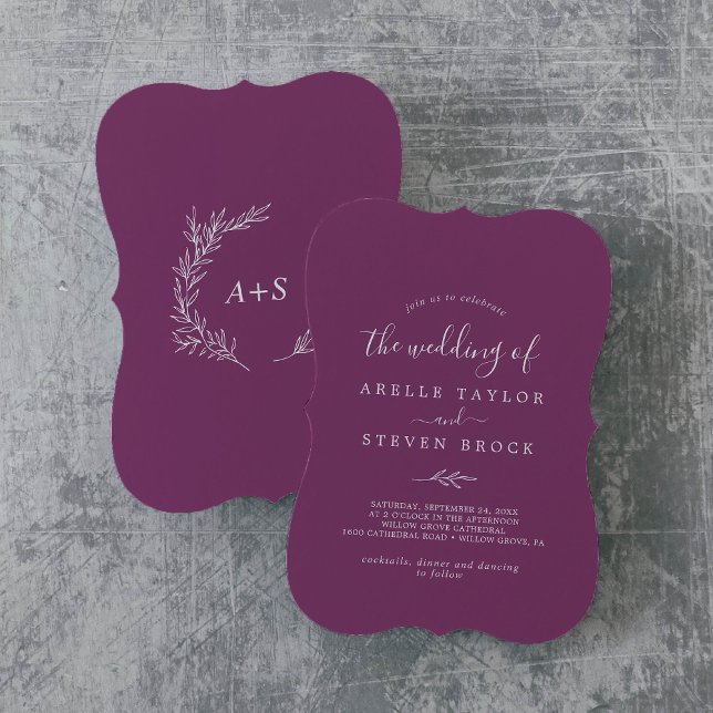 Invitation Feuille minimale | Berry Purple Monogram Back Mari (Créateur téléchargé)