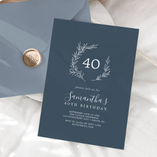 Invitation Feuille minimale   Bleu ardoise 40e anniversaire