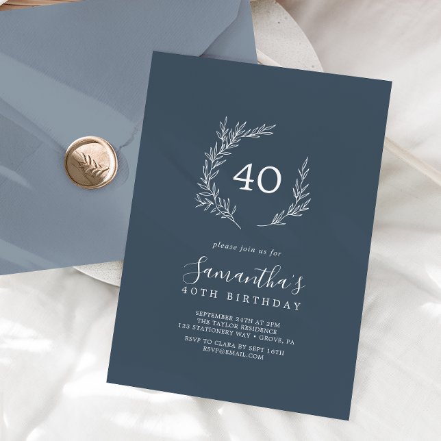 Invitation Feuille minimale | Bleu ardoise 40e anniversaire (Créateur téléchargé)